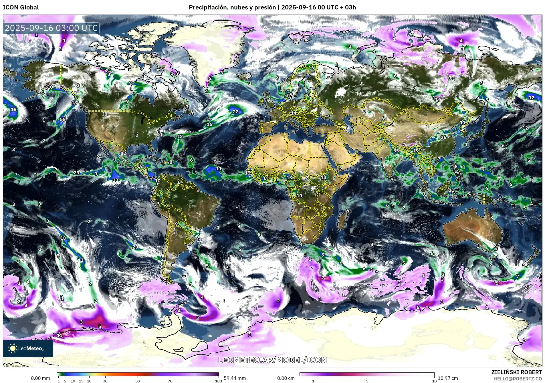 ICON model - Mundo, Precipitación, nubes y presión
