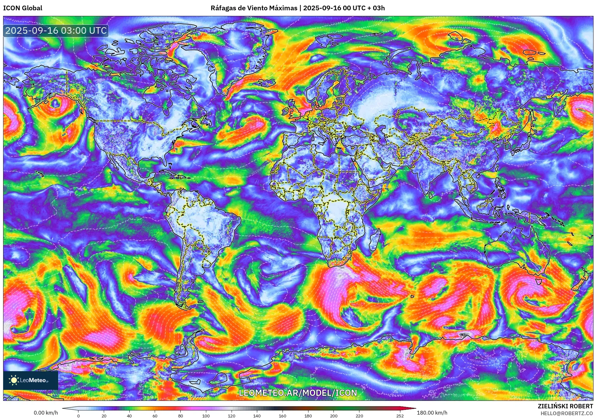 ICON model - Mundo, Ráfagas de Viento Máximas