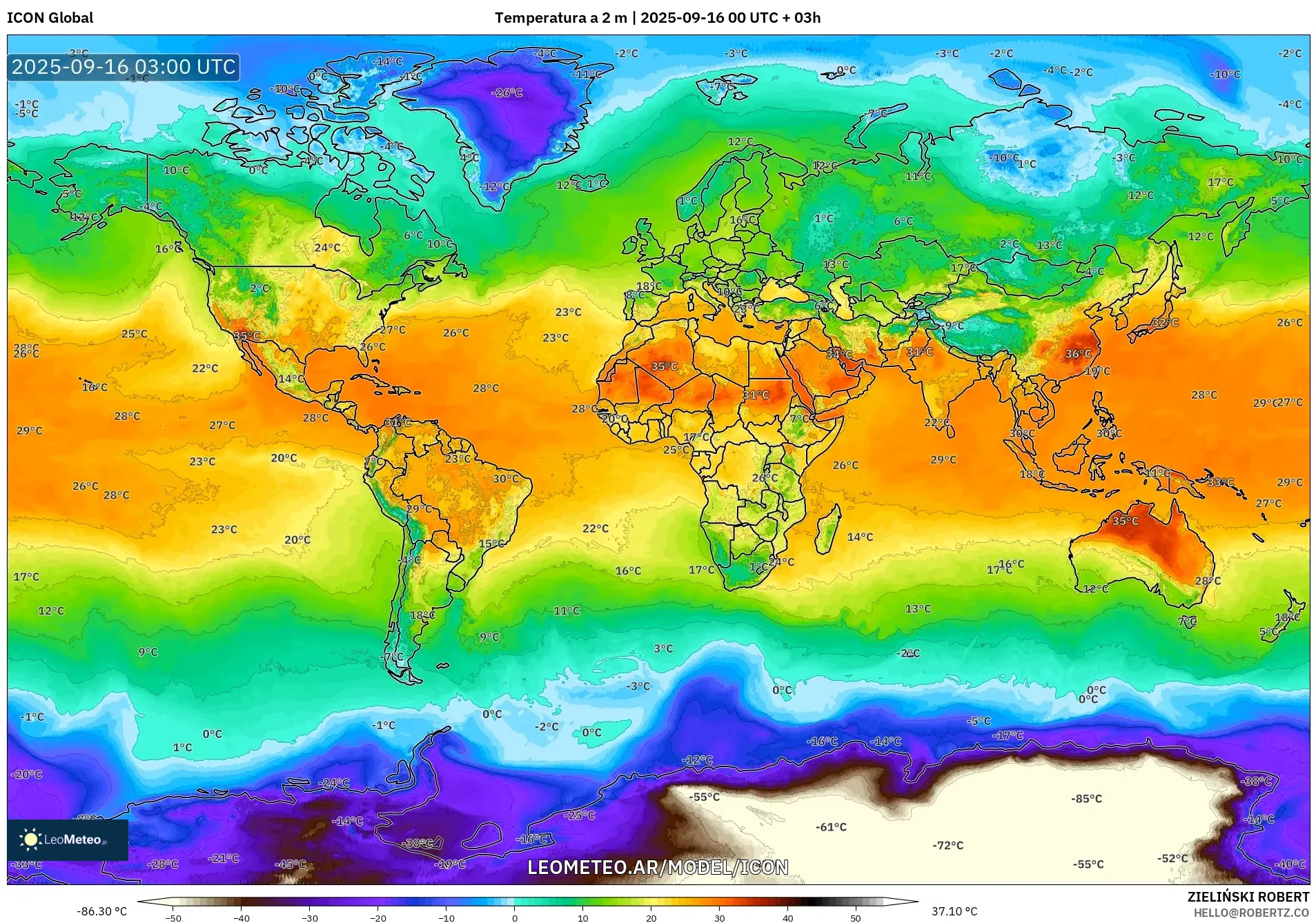 ICON model - Mundo, Temperatura a 2 m