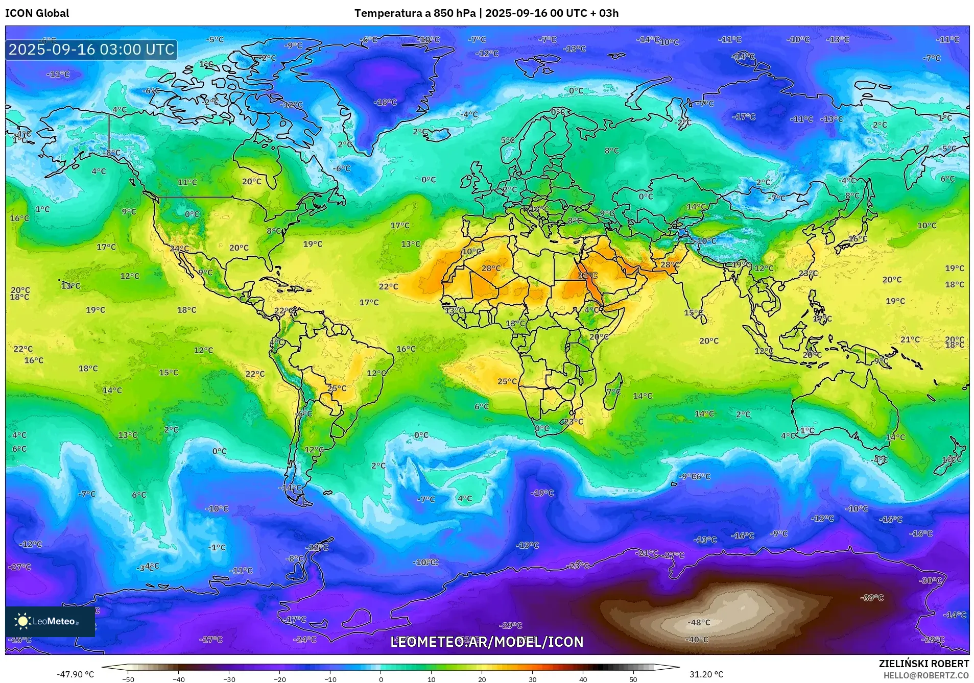 ICON model - Mundo, Temperatura a 850 hPa