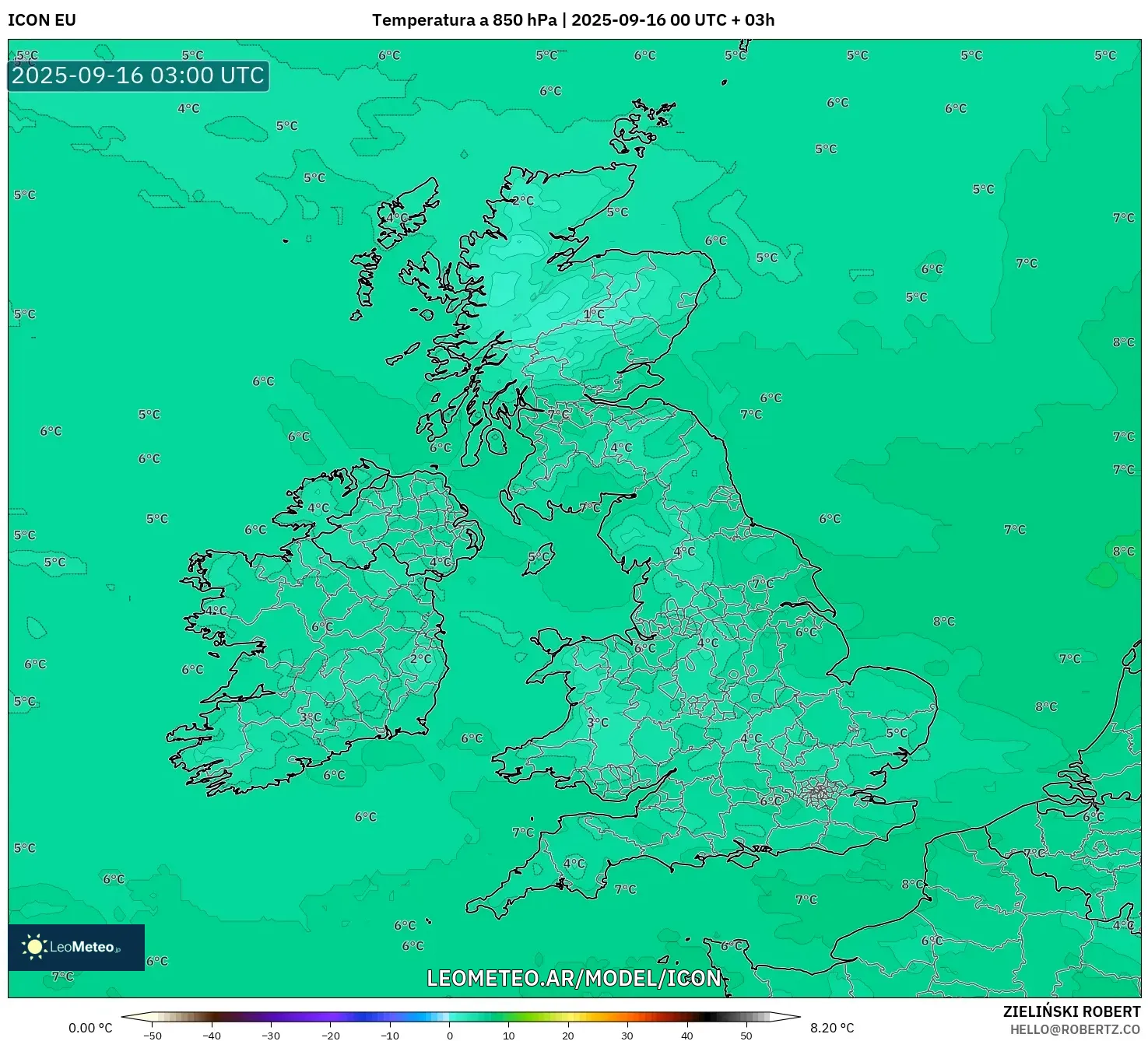 ICON model - Reino Unido, Temperatura a 850 hPa