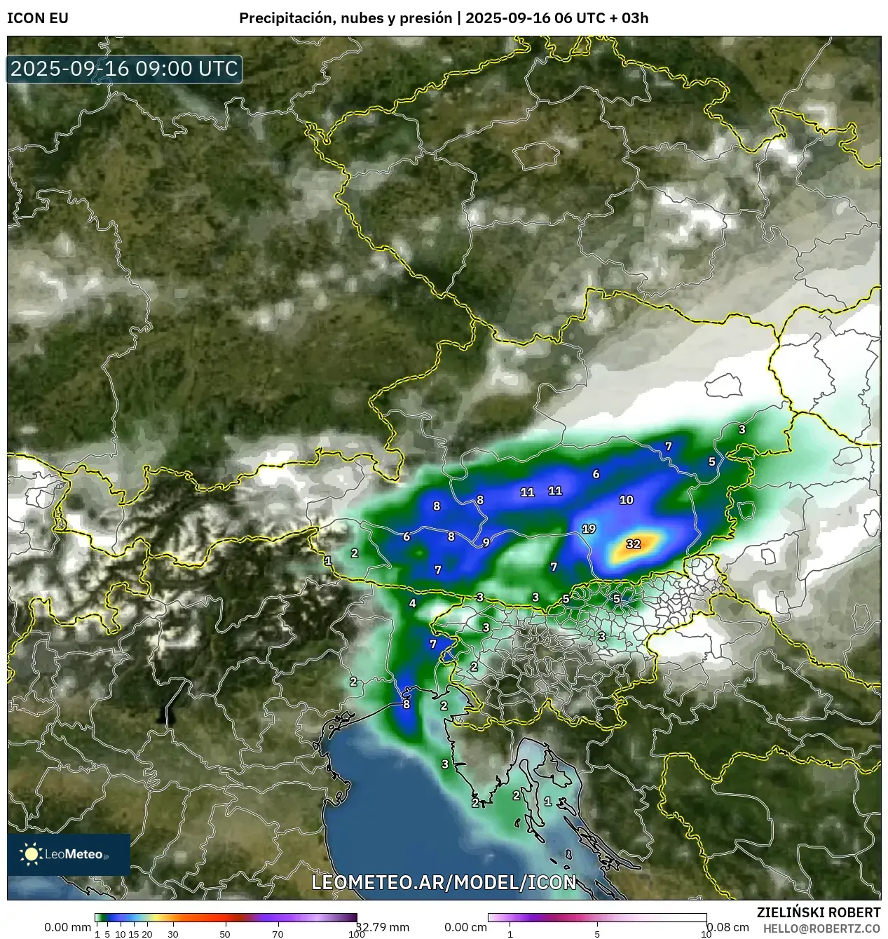 ICON model - Austria, Precipitación, nubes y presión