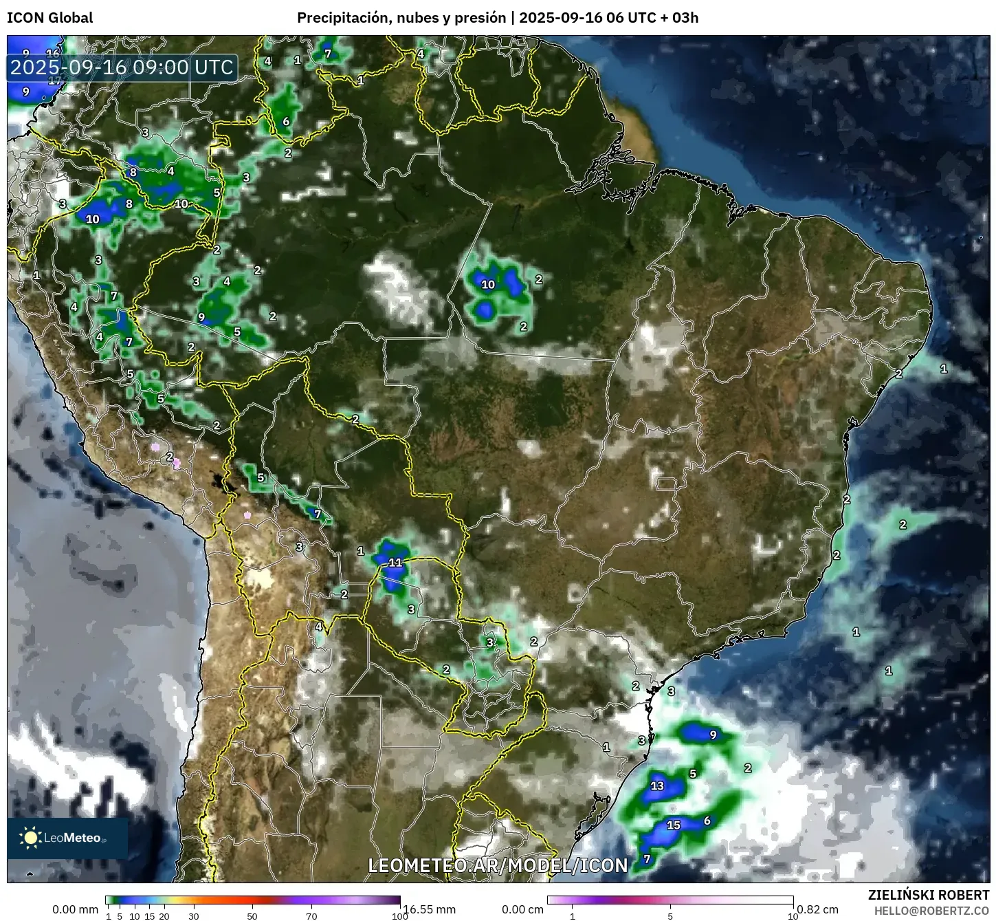 ICON model - Brasil, Precipitación, nubes y presión