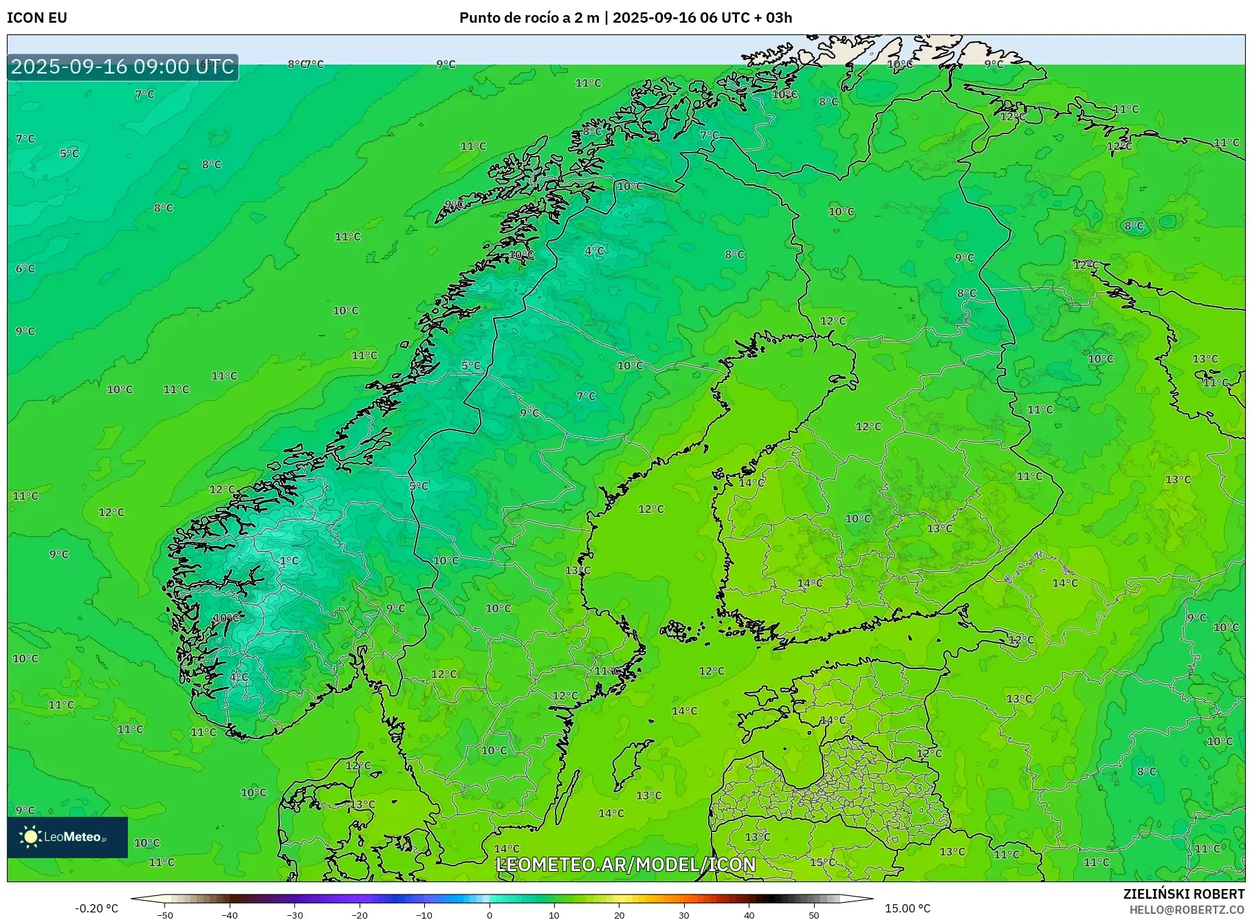 ICON model - Escandinavia, Punto de rocío a 2 m ICON model - Escandinavia, Punto de rocío a 2 m