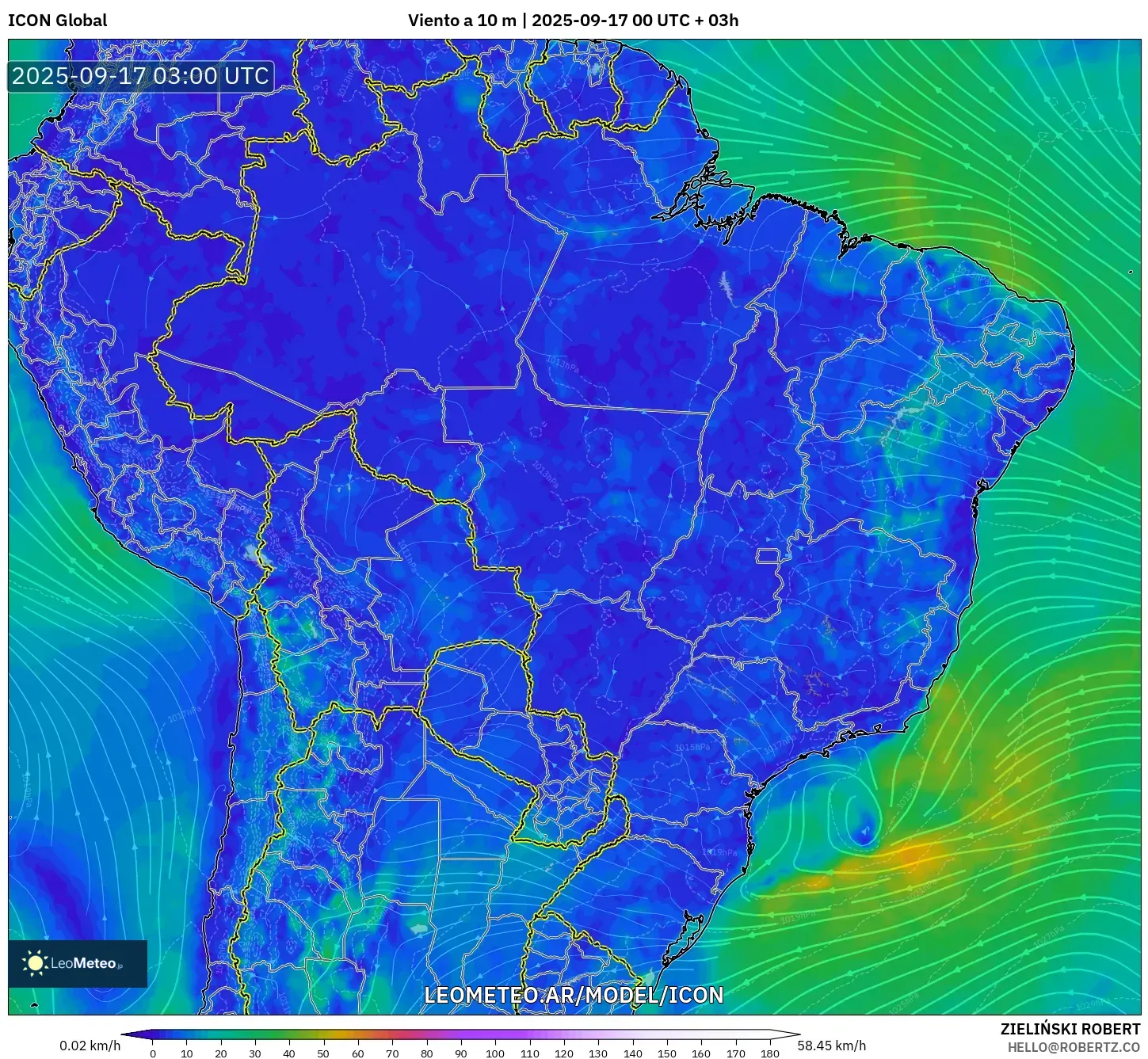 ICON model - Brasil, Viento a 10 m