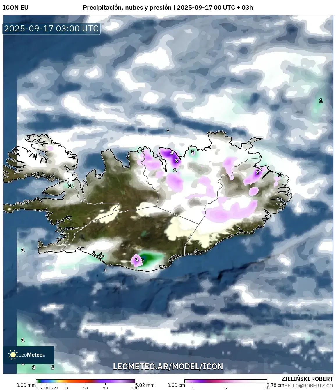 ICON model - Islandia, Precipitación, nubes y presión