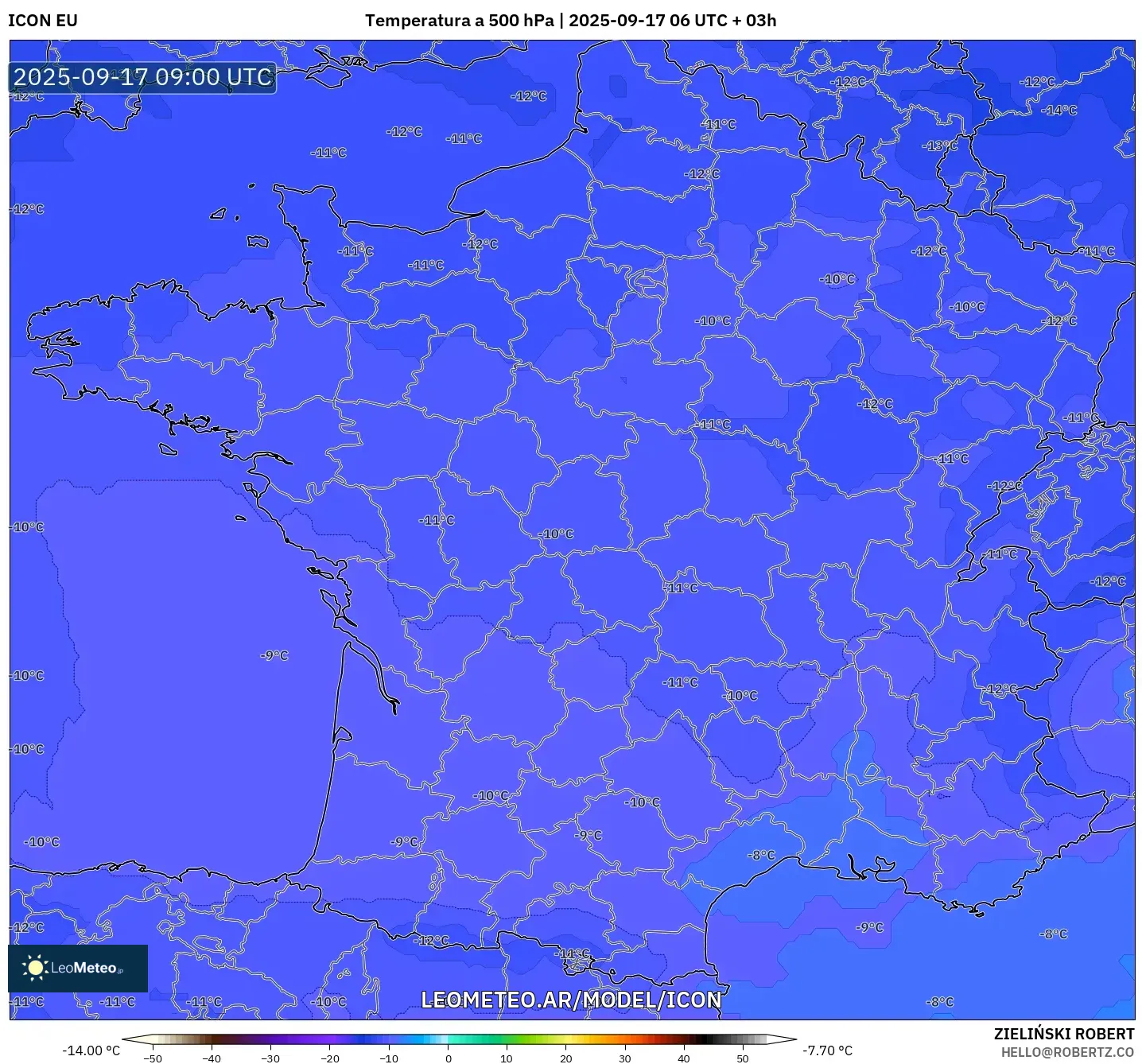 ICON model - Francia, Temperatura a 500 hPa
