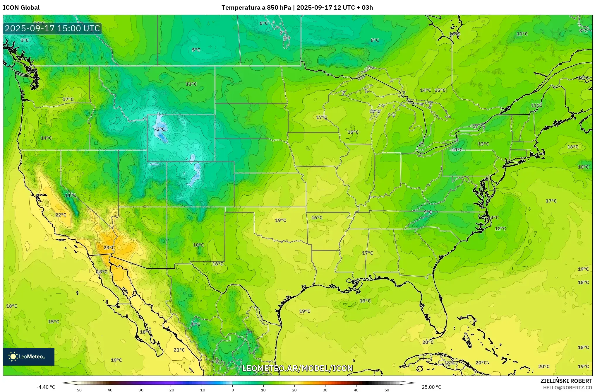 ICON model - Estados Unidos, Temperatura a 850 hPa