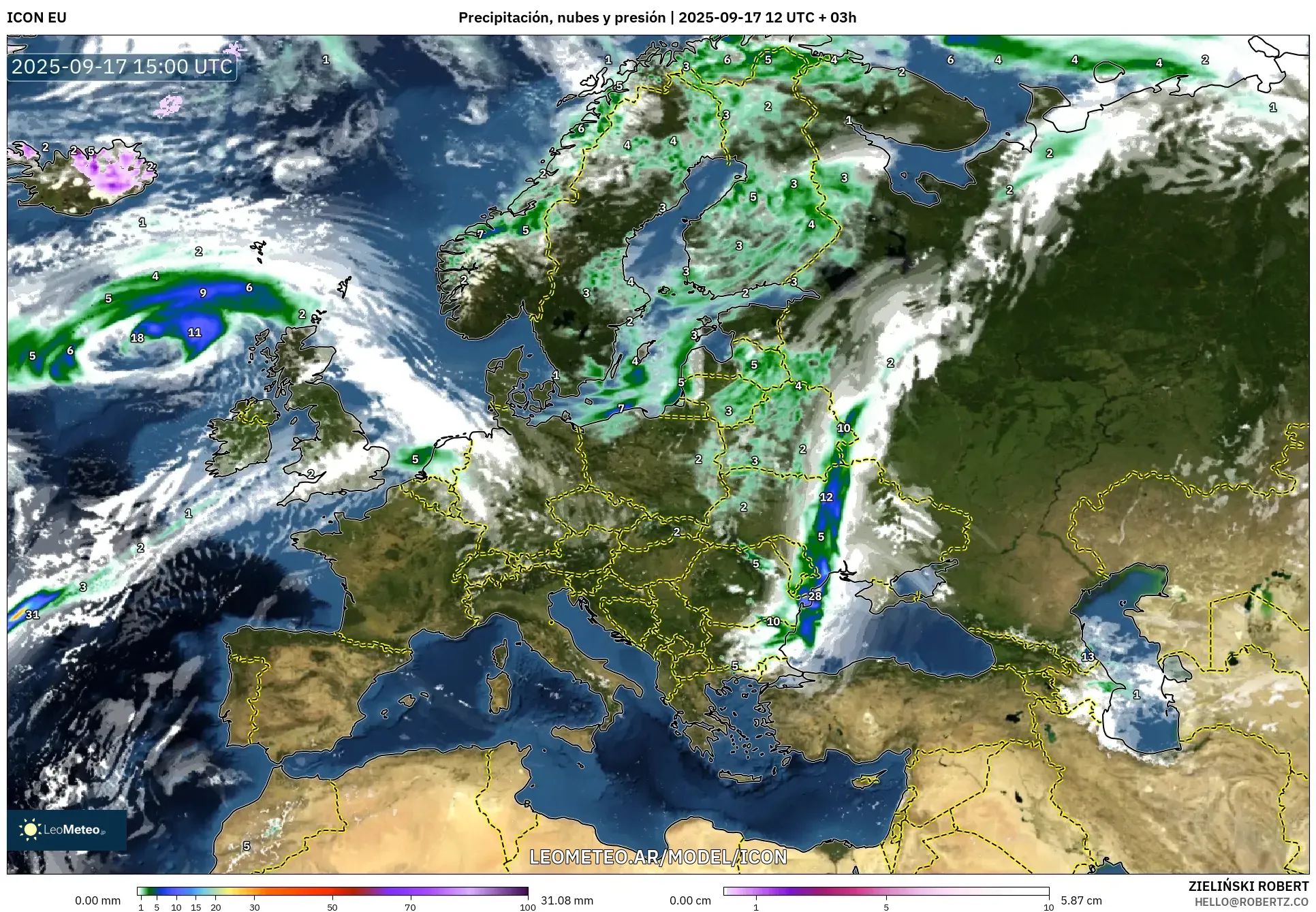 ICON model - Europa, Precipitación, nubes y presión