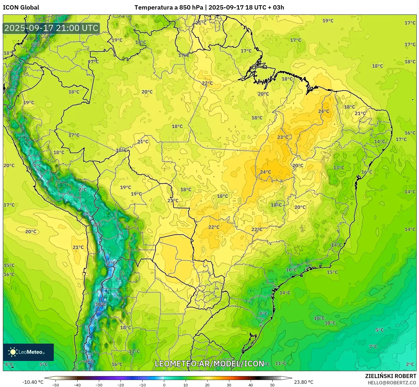 ICON model - Brasil, Temperatura a 850 hPa ICON model - Brasil, Temperatura a 850 hPa