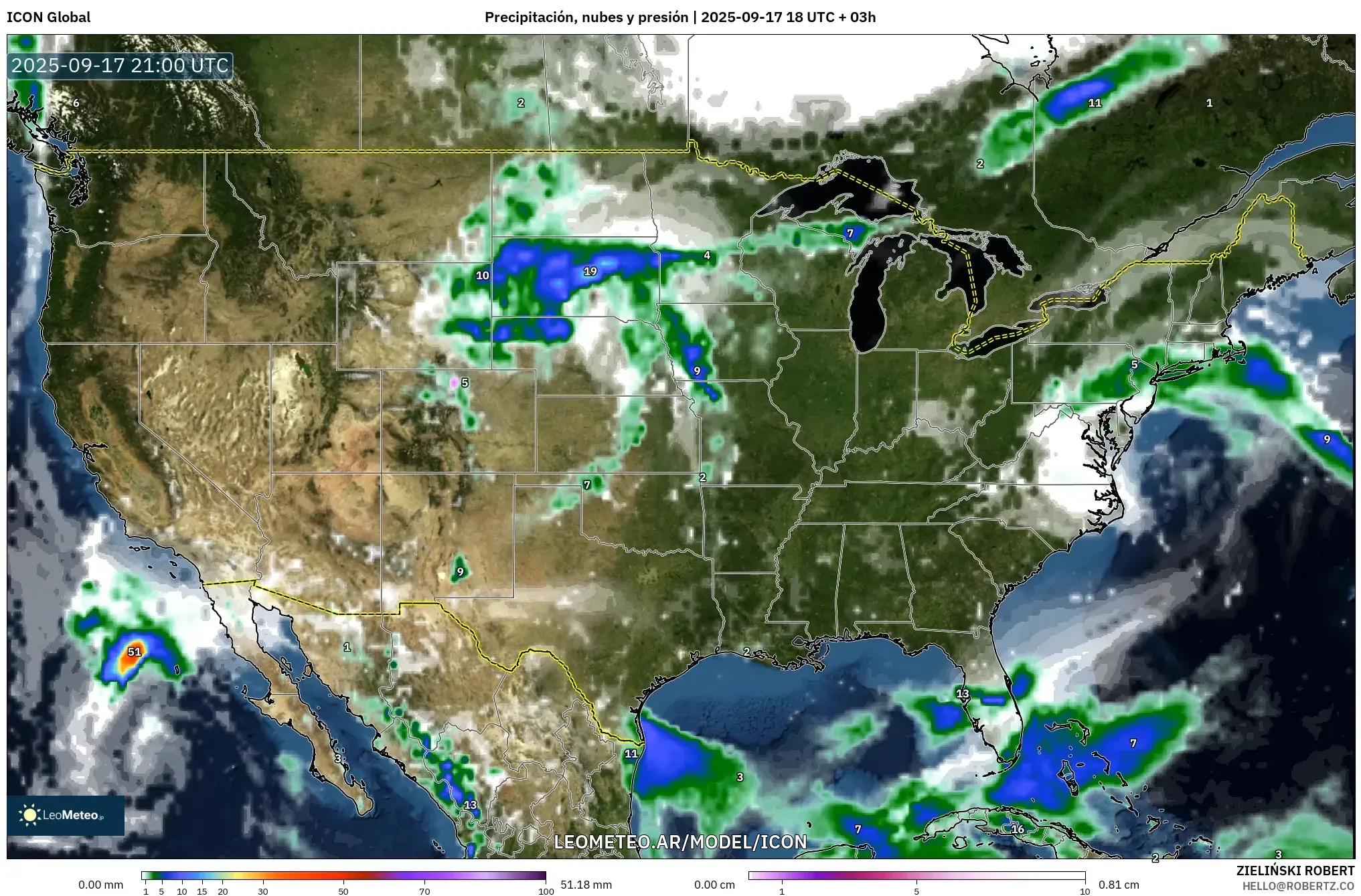 ICON model - Estados Unidos, Precipitación, nubes y presión