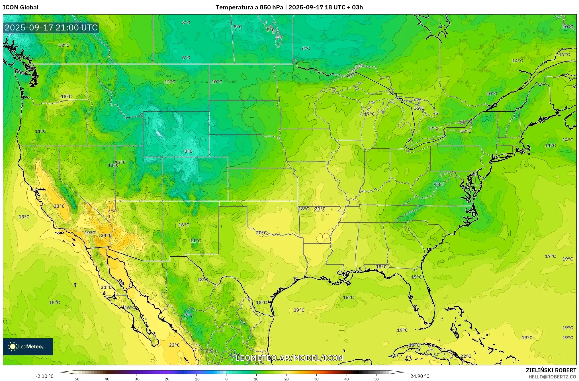 ICON model - Estados Unidos, Temperatura a 850 hPa