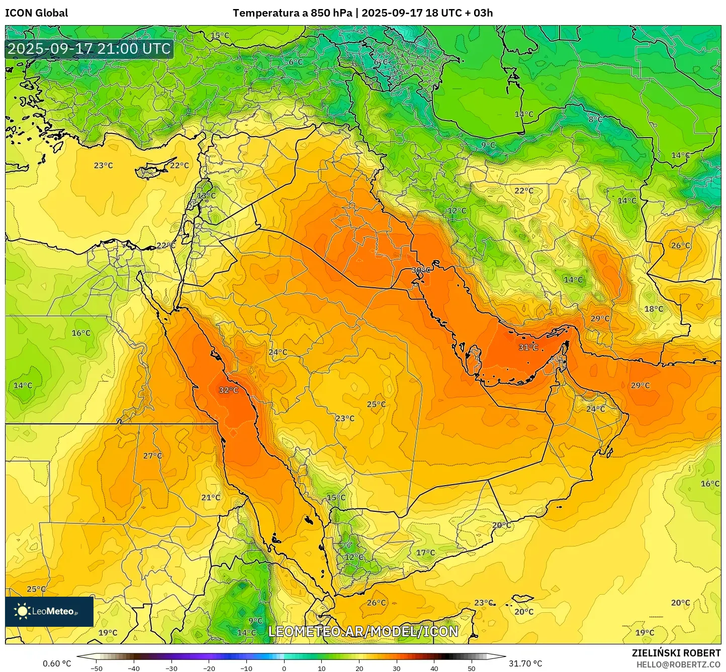 ICON model - Oriente Medio, Temperatura a 850 hPa