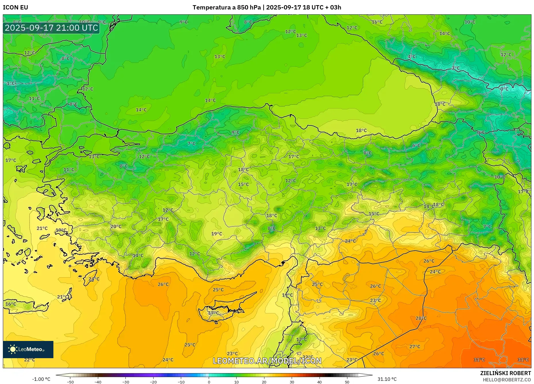 ICON model - Turquía, Temperatura a 850 hPa