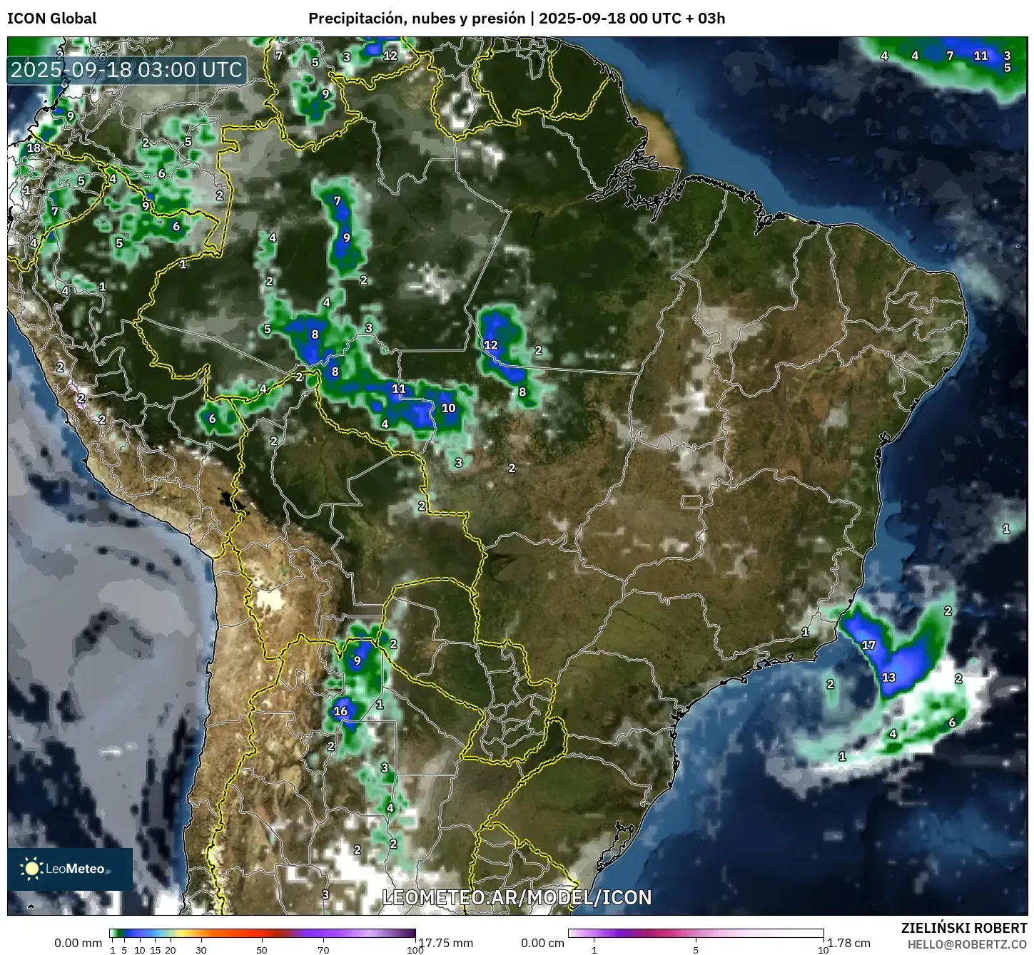 ICON model - Brasil, Precipitación, nubes y presión
