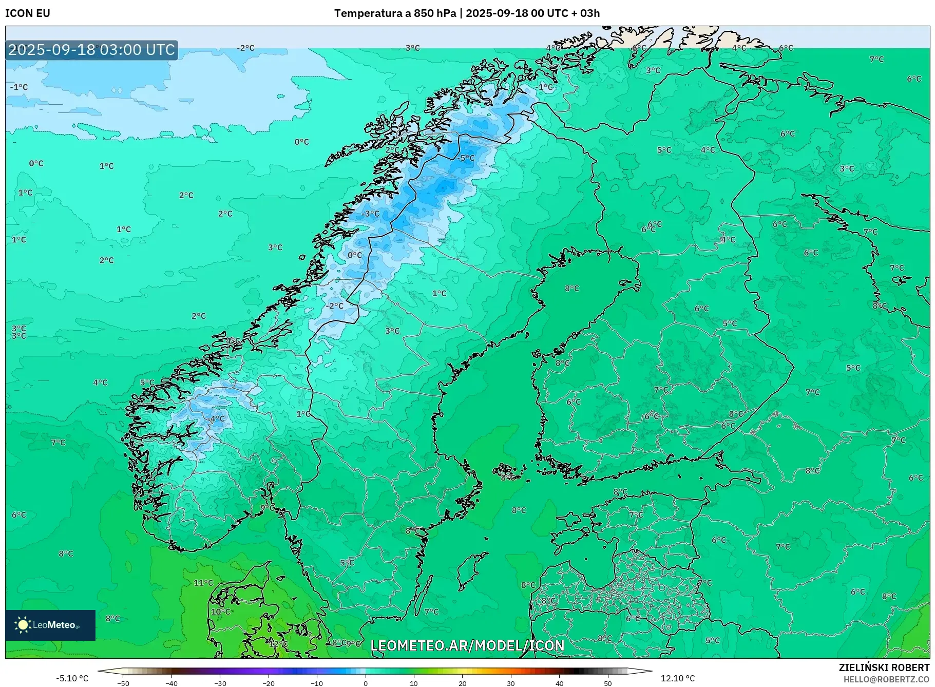 ICON model - Escandinavia, Temperatura a 850 hPa