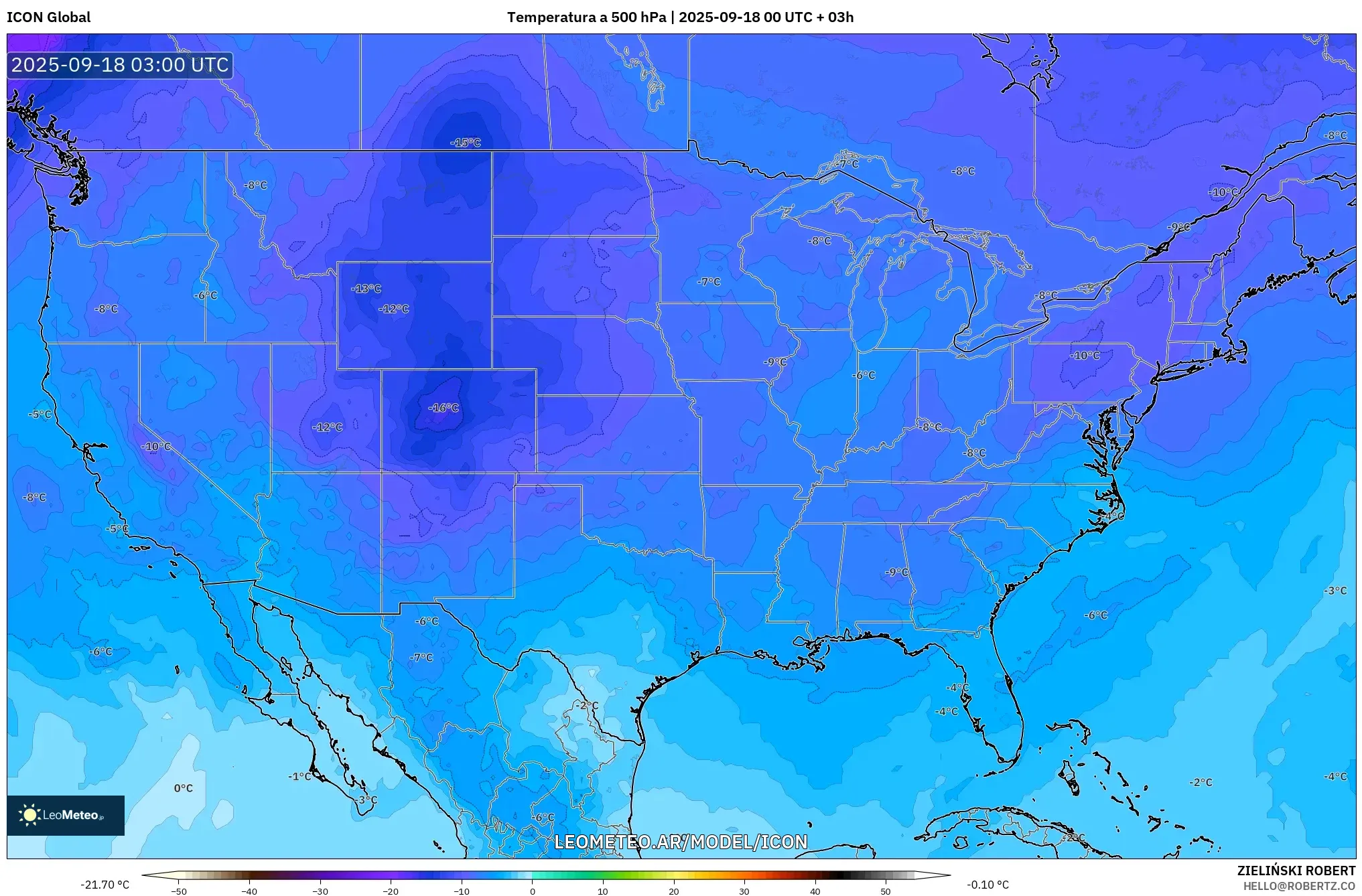 ICON model - Estados Unidos, Temperatura a 500 hPa