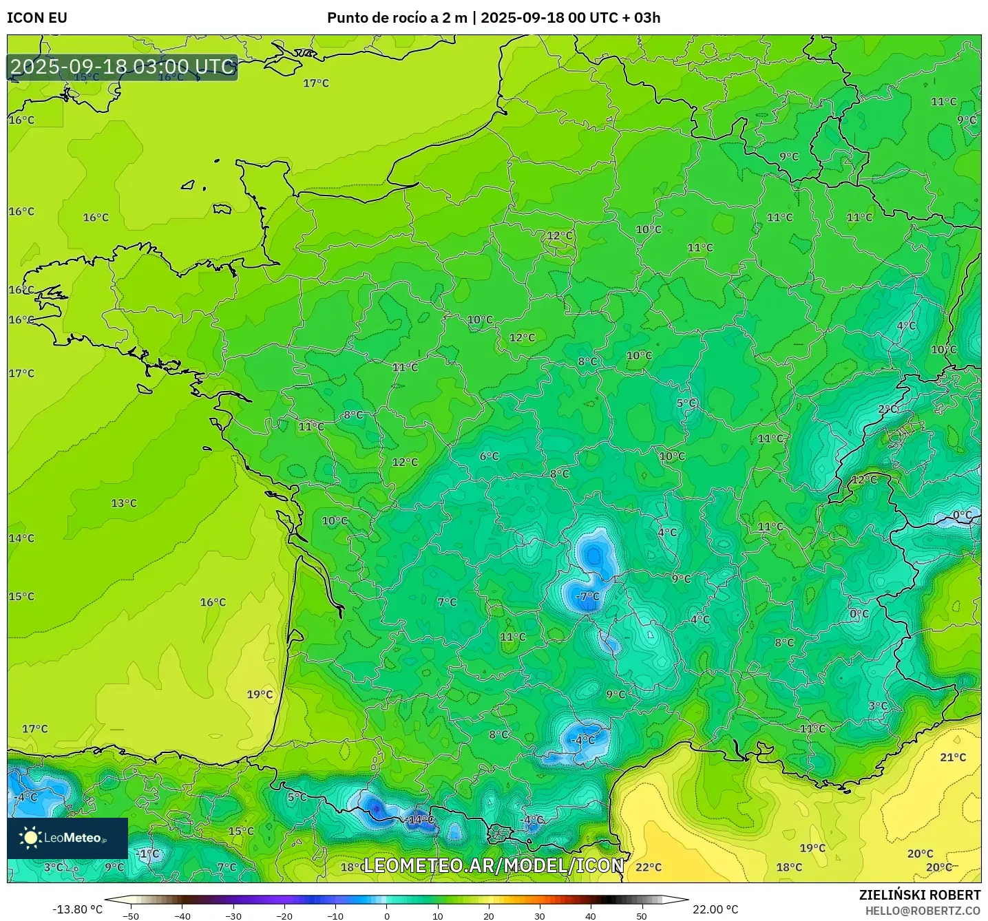 ICON model - Francia, Punto de rocío a 2 m