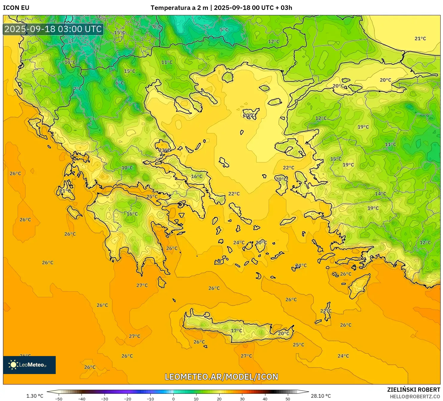 ICON model - Grecia, Temperatura a 2 m ICON model - Grecia, Temperatura a 2 m
