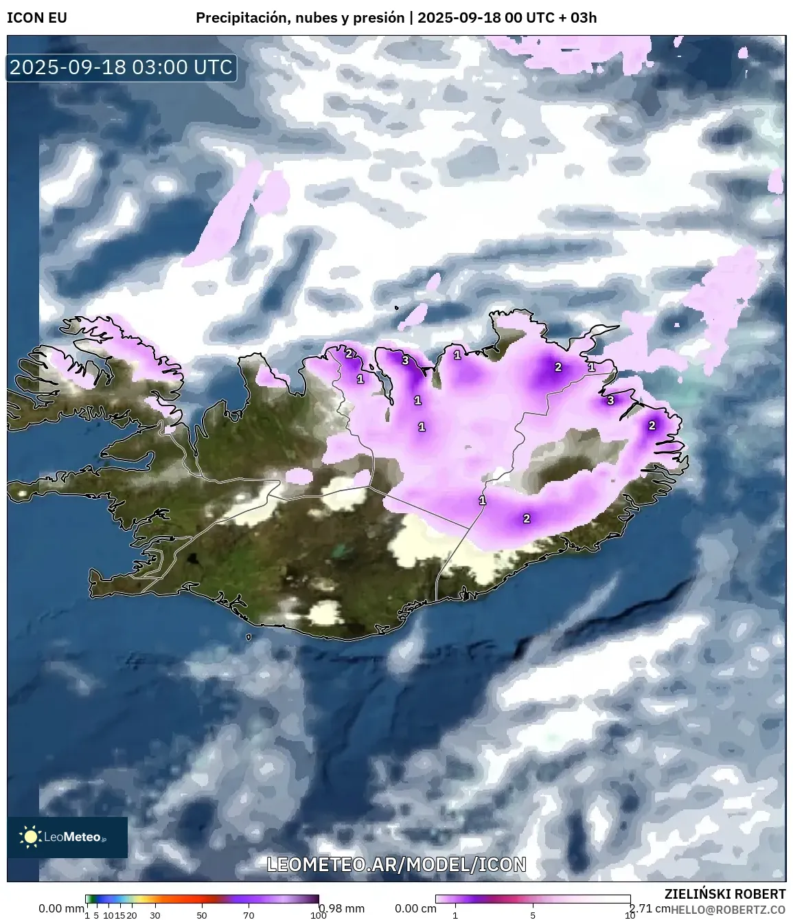 ICON model - Islandia, Precipitación, nubes y presión ICON model - Islandia, Precipitación, nubes y presión