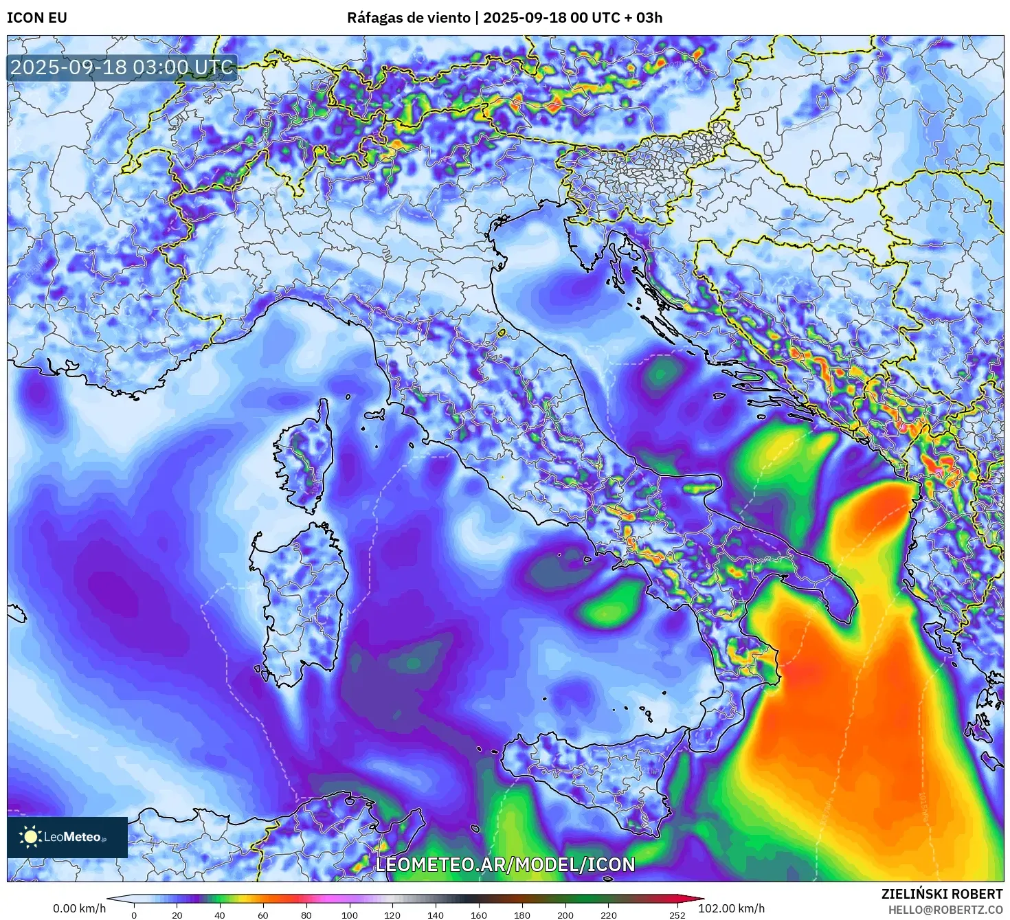 ICON model - Italia, Ráfagas de viento