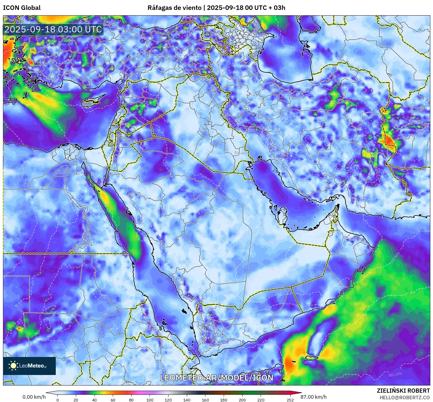 ICON model - Oriente Medio, Ráfagas de viento