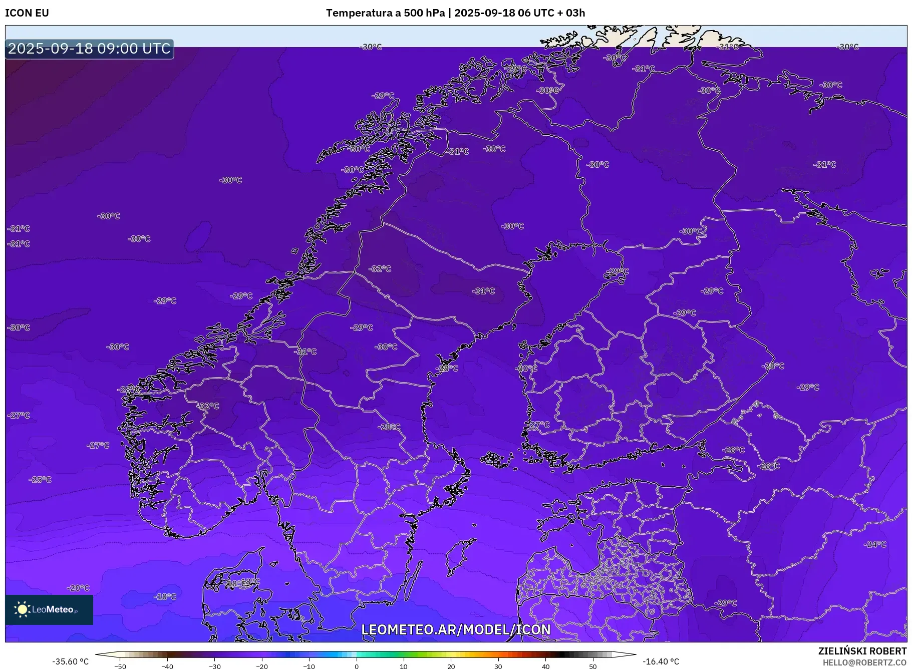 ICON model - Escandinavia, Temperatura a 500 hPa