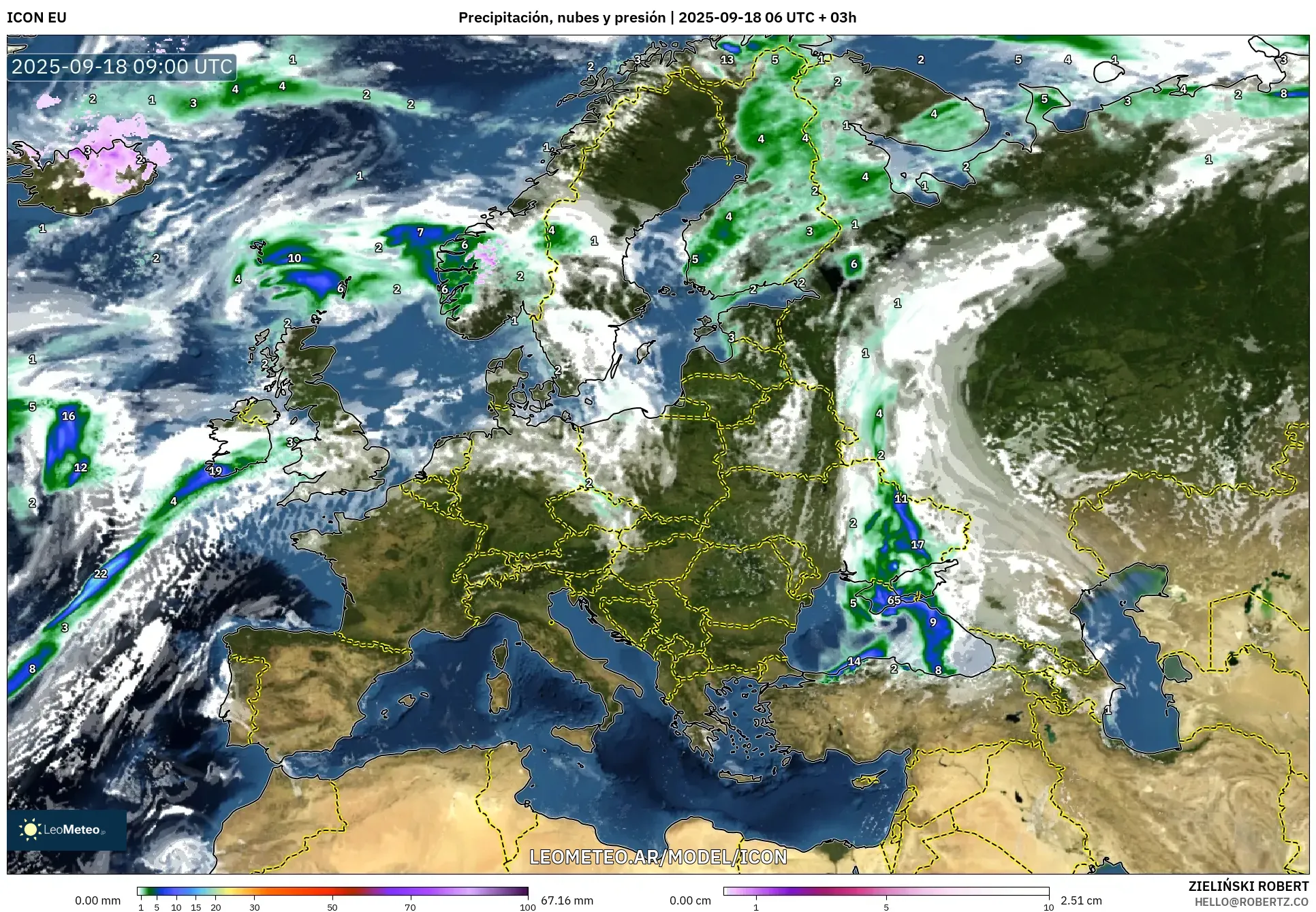 ICON model - Europa, Precipitación, nubes y presión