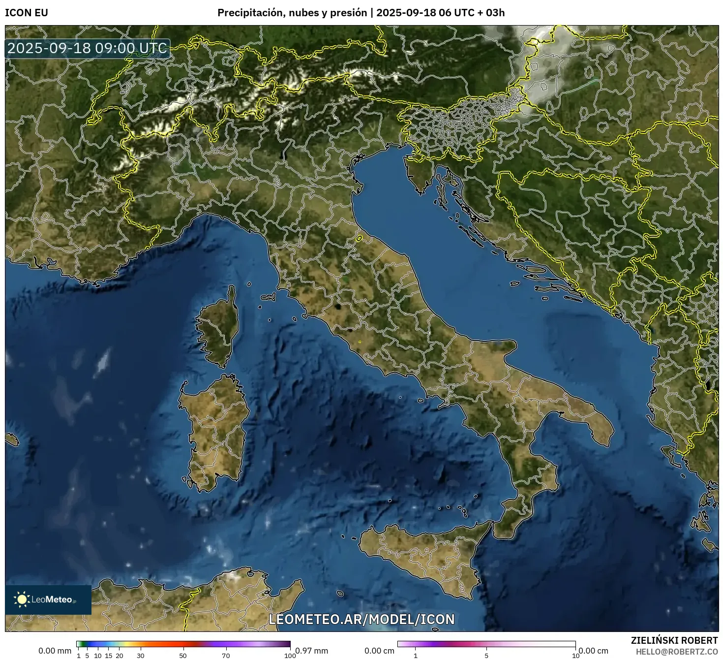 ICON model - Italia, Precipitación, nubes y presión