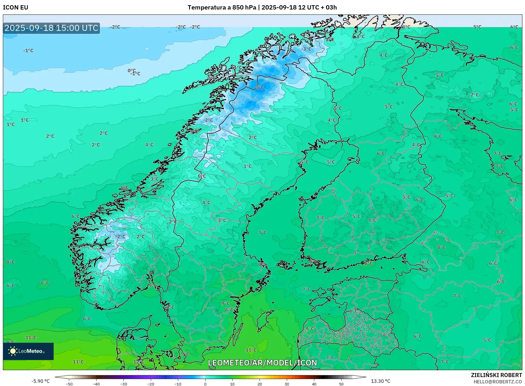 ICON model - Escandinavia, Temperatura a 850 hPa