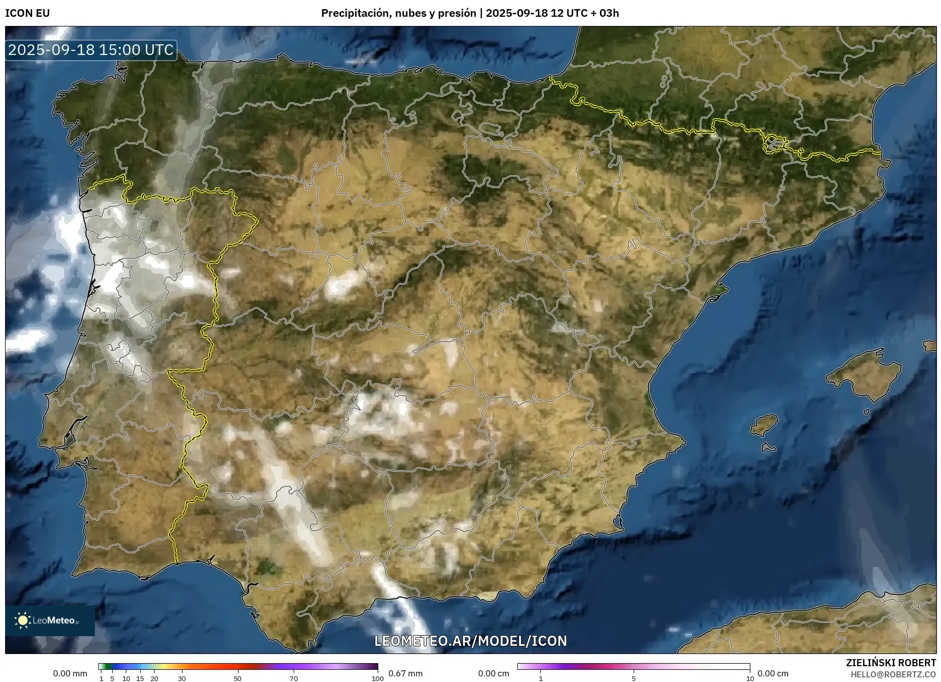 ICON model - España, Precipitación, nubes y presión