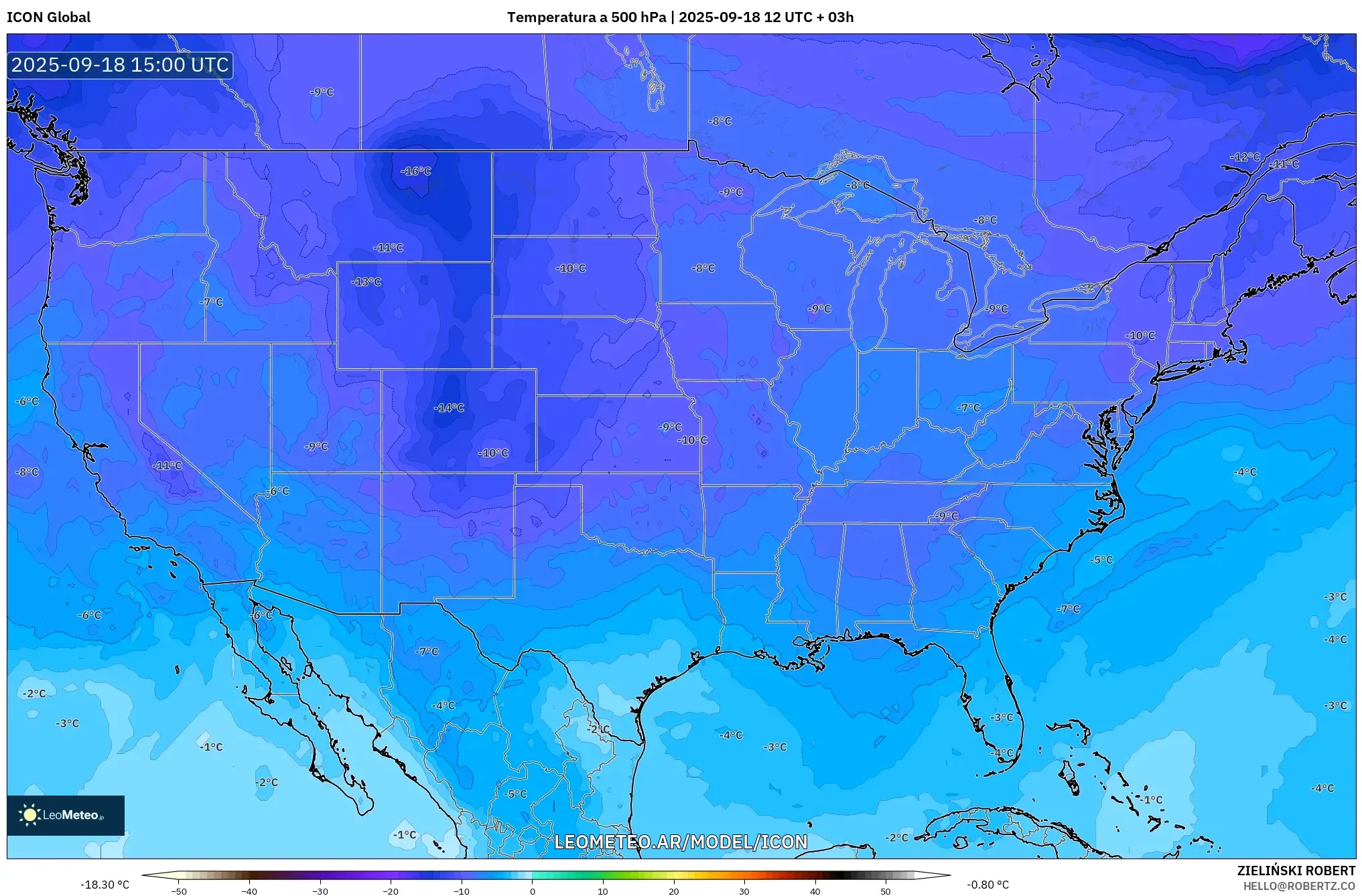 ICON model - Estados Unidos, Temperatura a 500 hPa