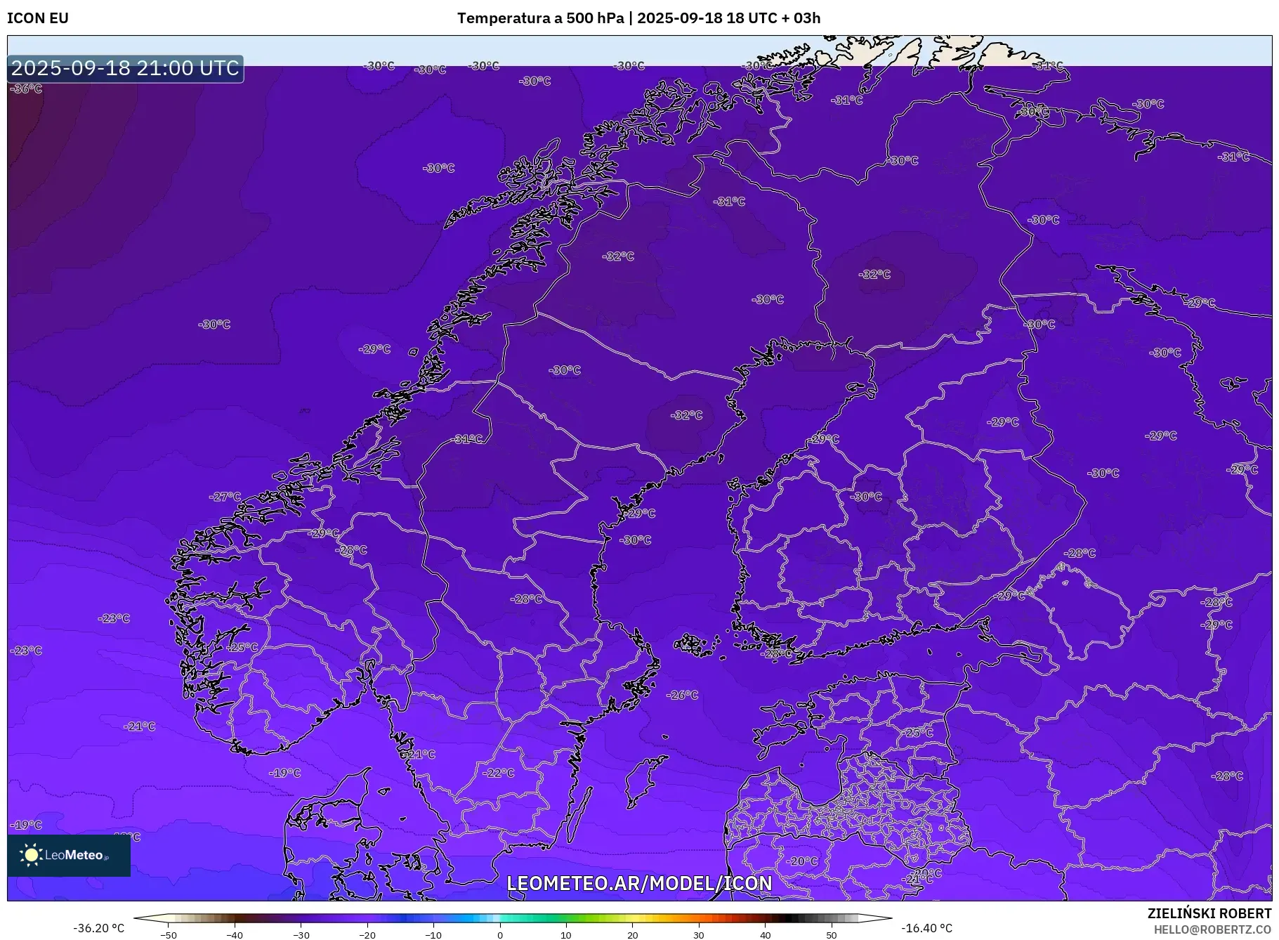 ICON model - Escandinavia, Temperatura a 500 hPa