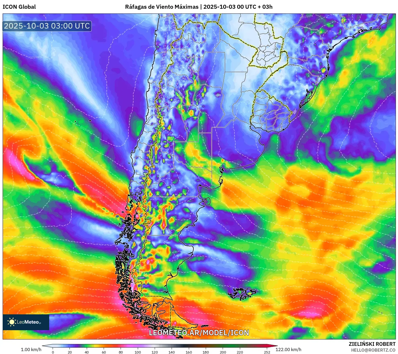 ICON model - Argentina, Ráfagas de Viento Máximas