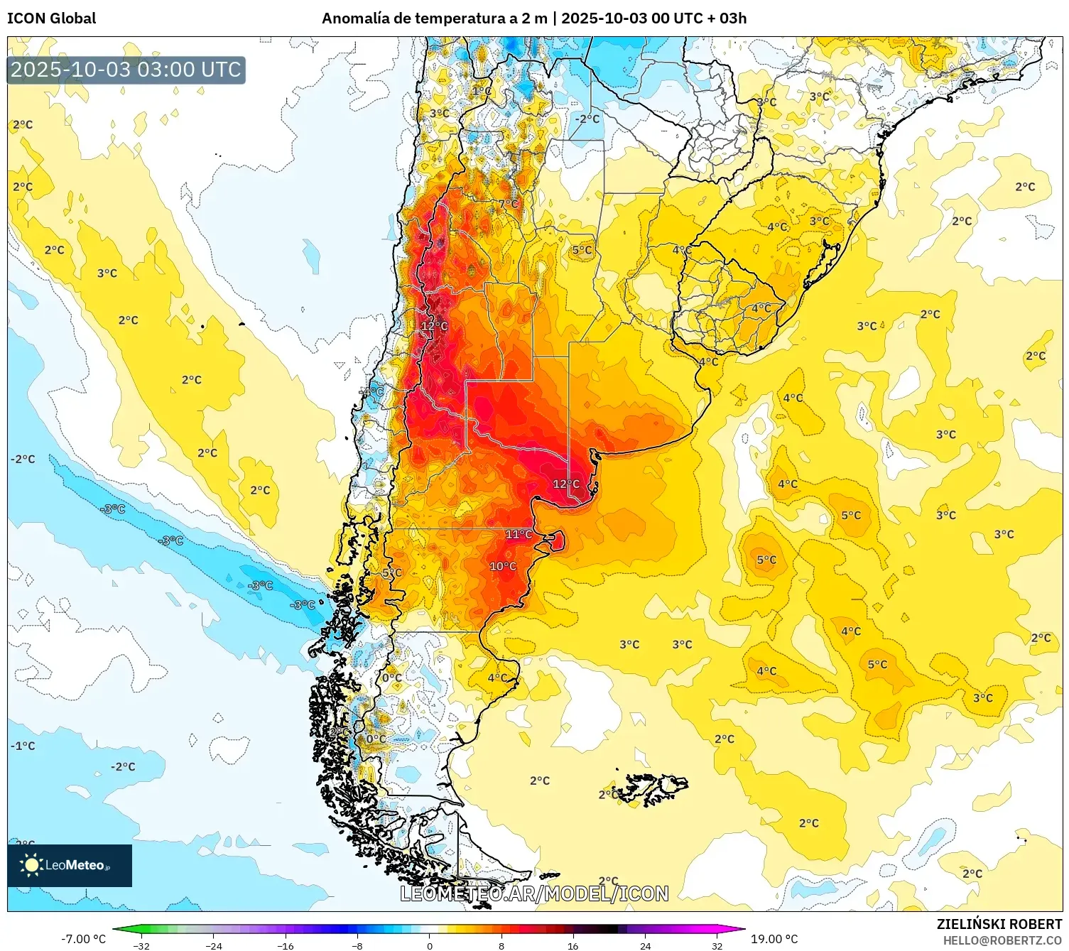 ICON model - Argentina, Anomalía de temperatura a 2 m
