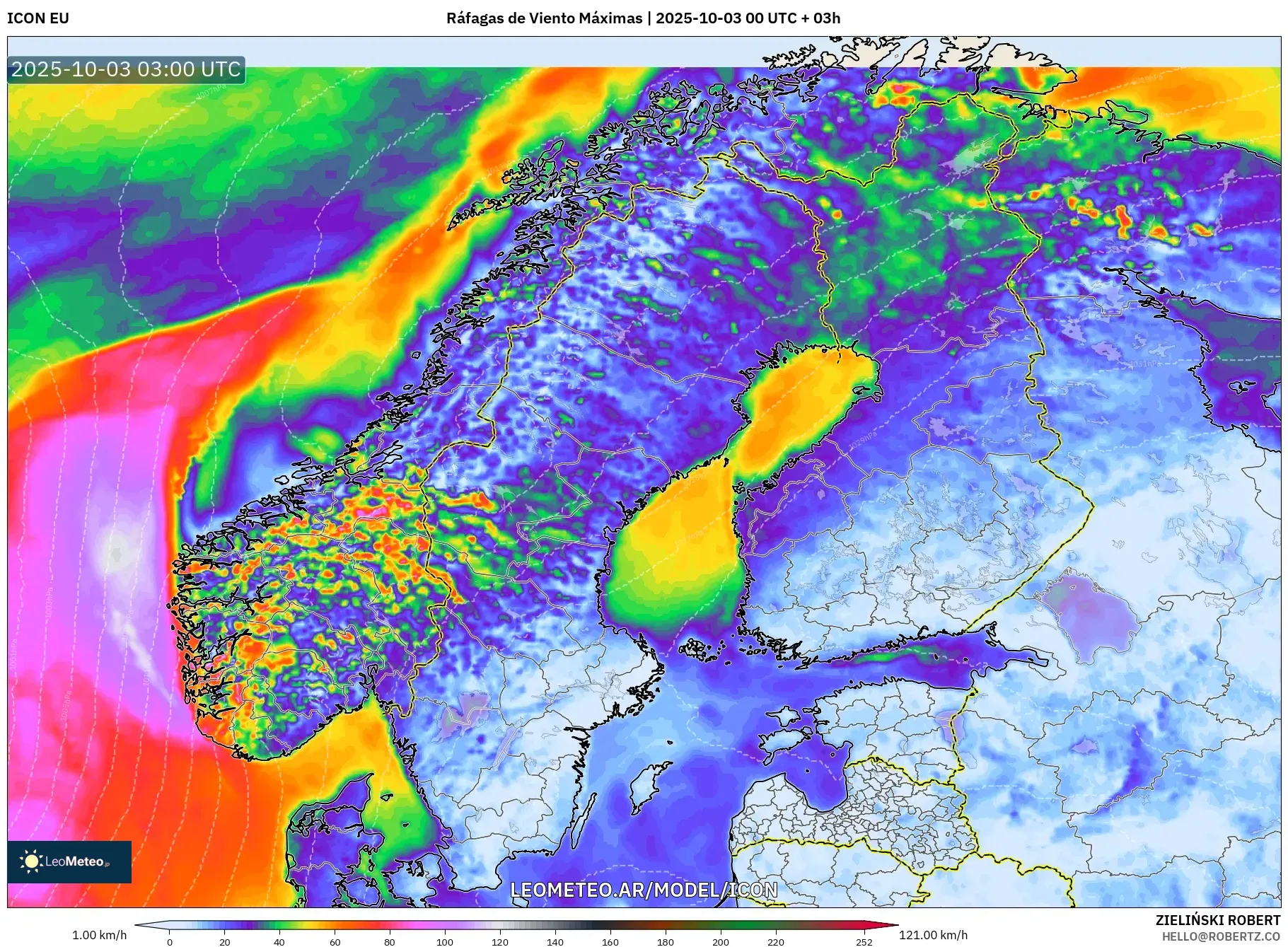 ICON model - Escandinavia, Ráfagas de Viento Máximas