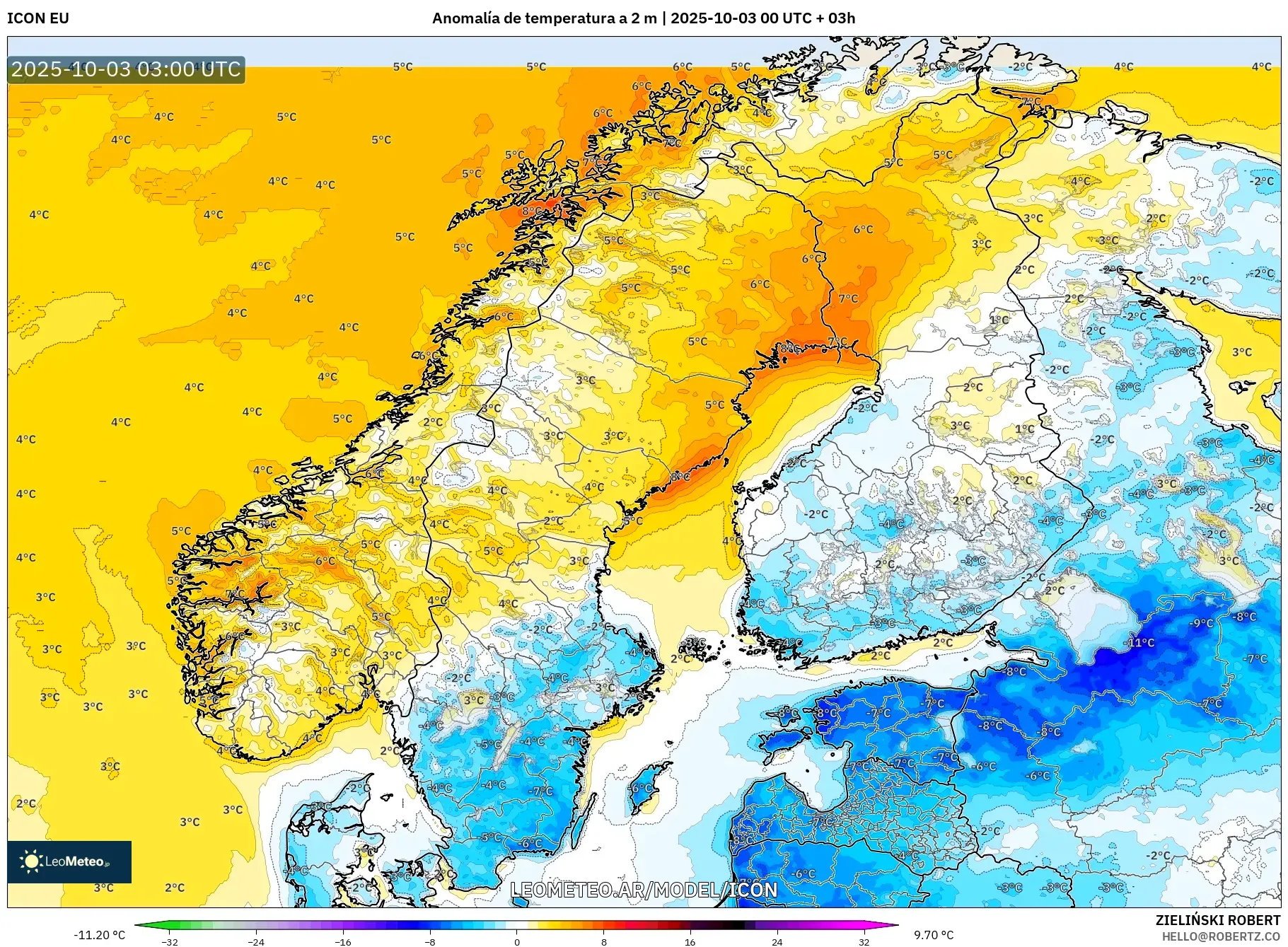 ICON model - Escandinavia, Anomalía de temperatura a 2 m
