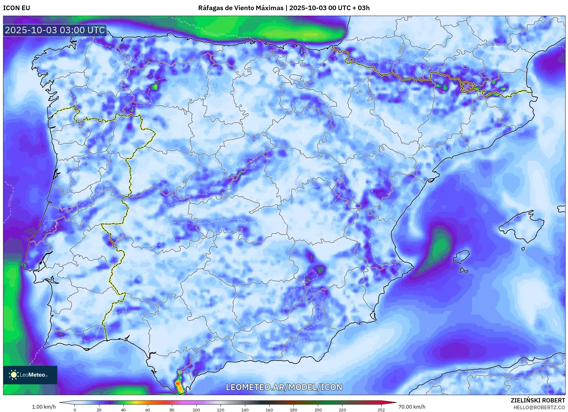 ICON model - España, Ráfagas de Viento Máximas