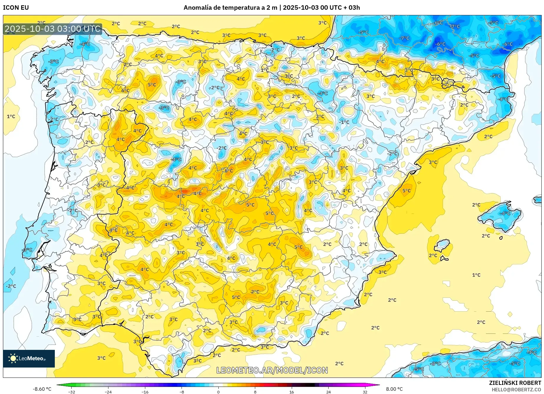 ICON model - España, Anomalía de temperatura a 2 m
