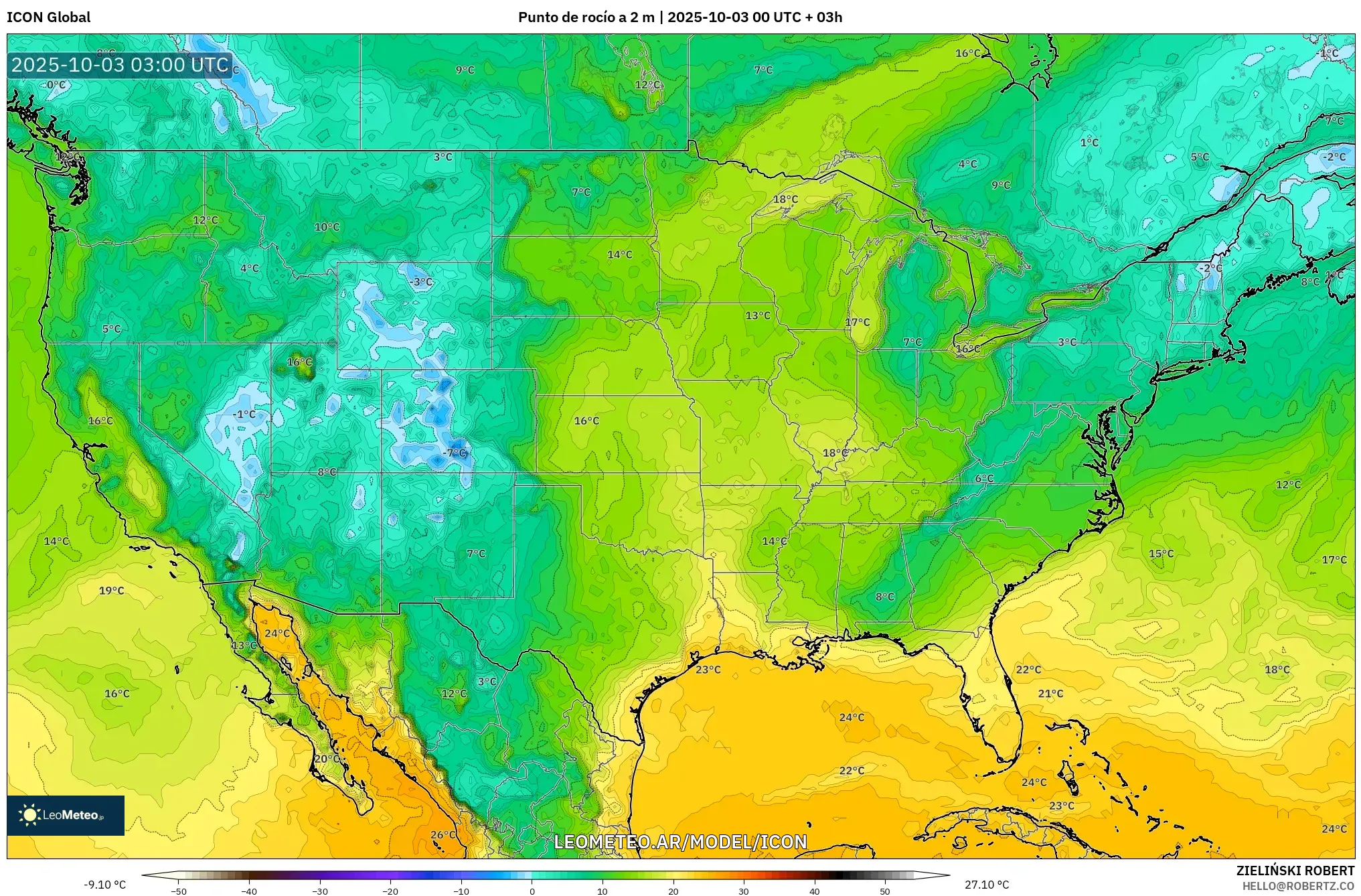 ICON model - Estados Unidos, Punto de rocío a 2 m ICON model - Estados Unidos, Punto de rocío a 2 m