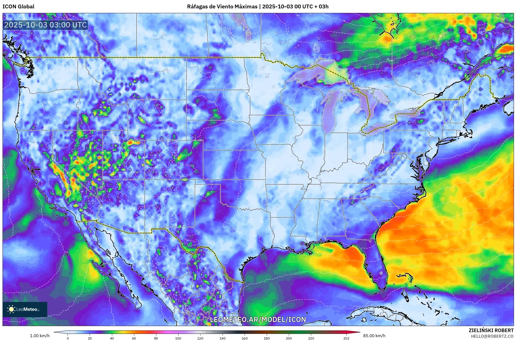 ICON model - Estados Unidos, Ráfagas de Viento Máximas