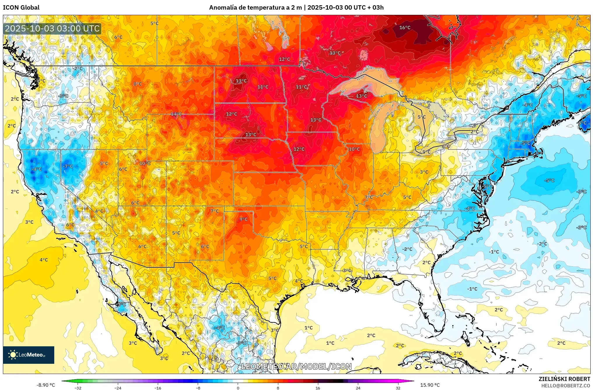 ICON model - Estados Unidos, Anomalía de temperatura a 2 m