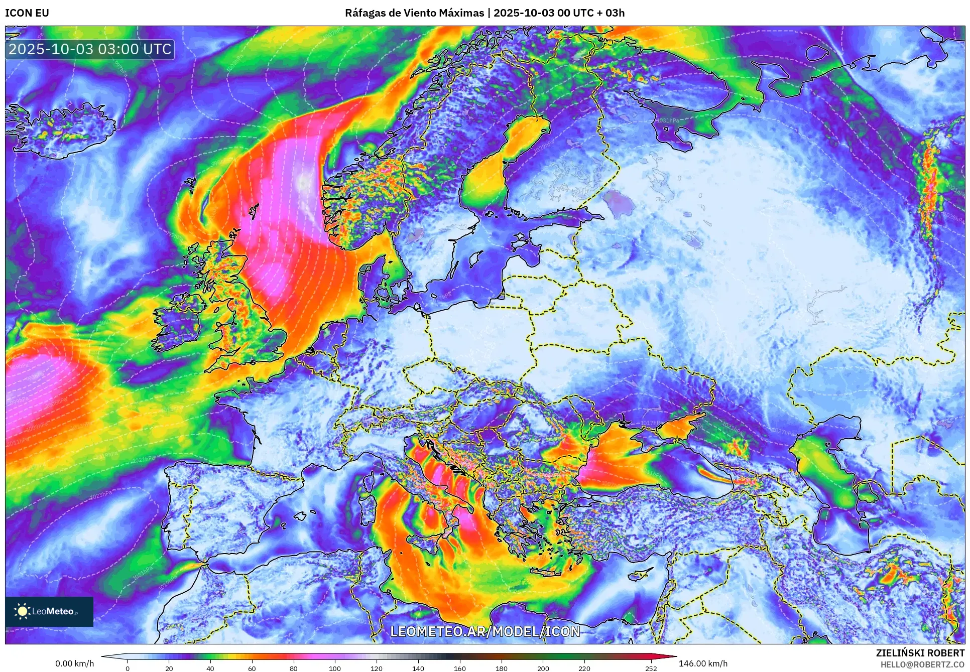 ICON model - Europa, Ráfagas de Viento Máximas