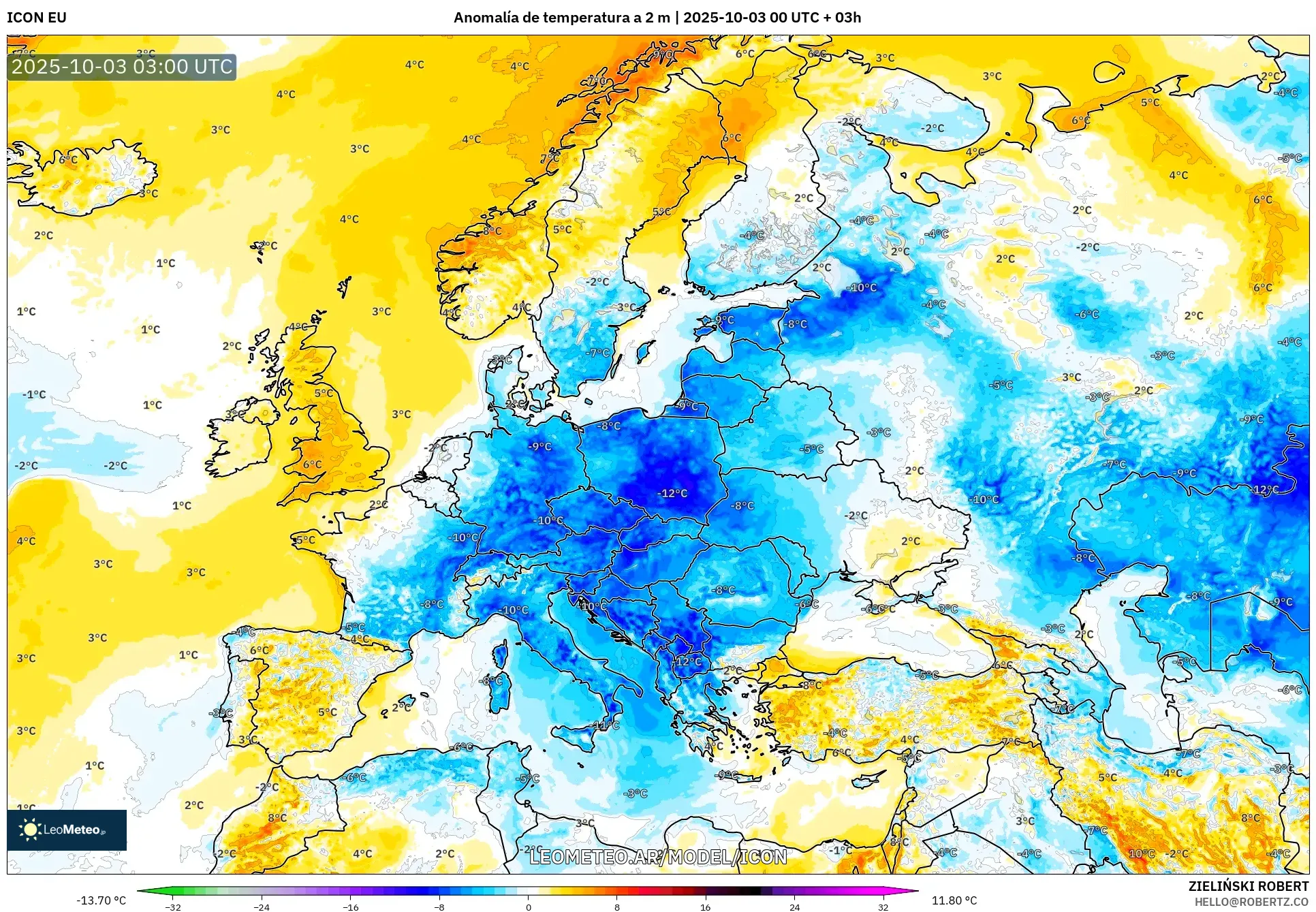 ICON model - Europa, Anomalía de temperatura a 2 m