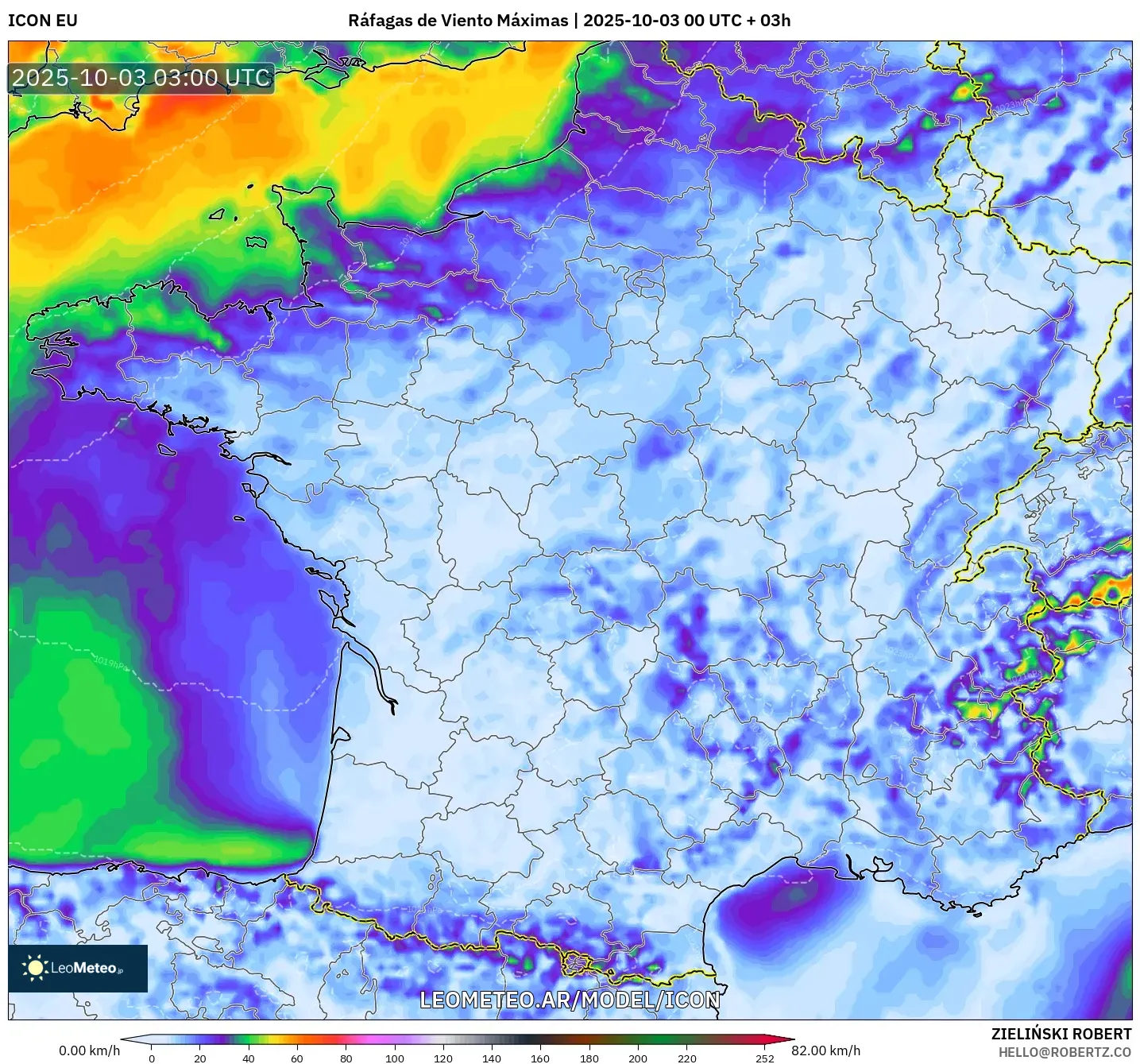 ICON model - Francia, Ráfagas de Viento Máximas
