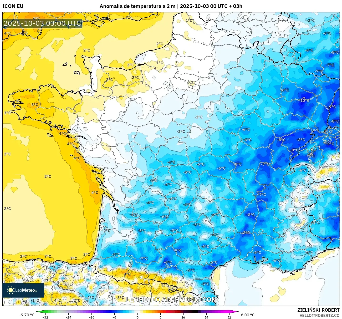 ICON model - Francia, Anomalía de temperatura a 2 m