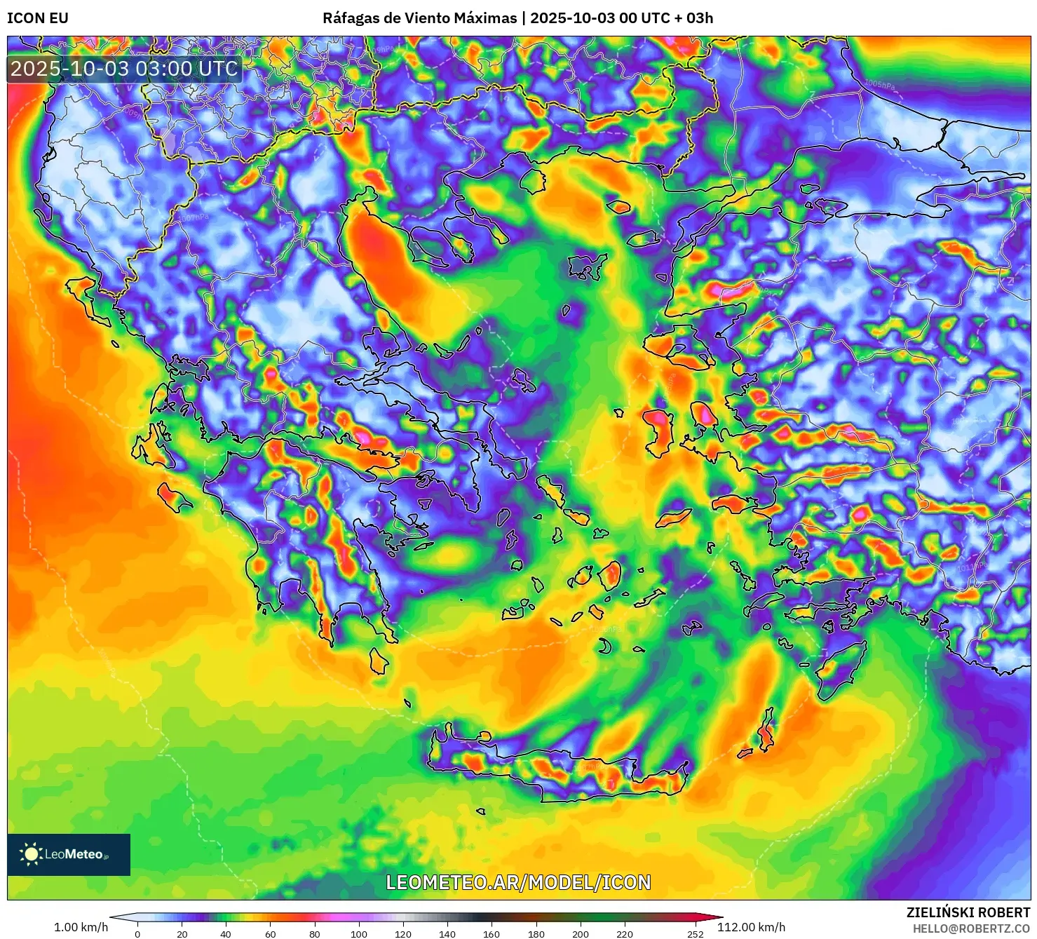 ICON model - Grecia, Ráfagas de Viento Máximas