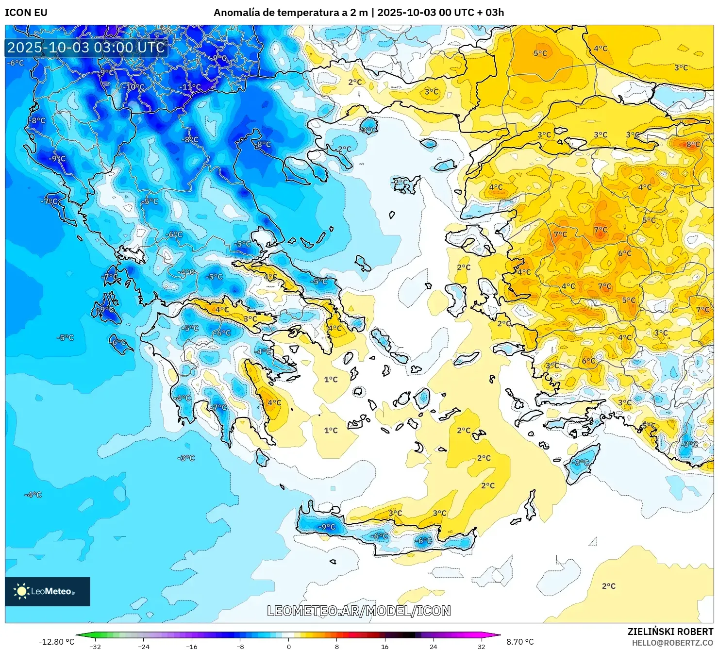 ICON model - Grecia, Anomalía de temperatura a 2 m