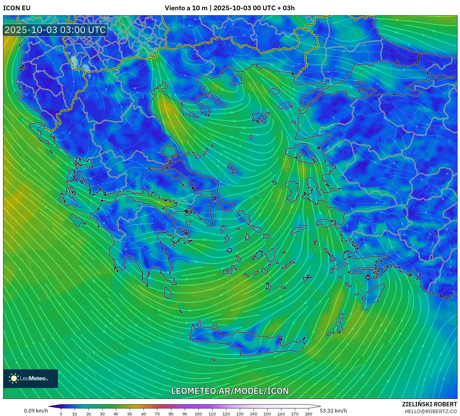 ICON model - Grecia, Viento a 10 m