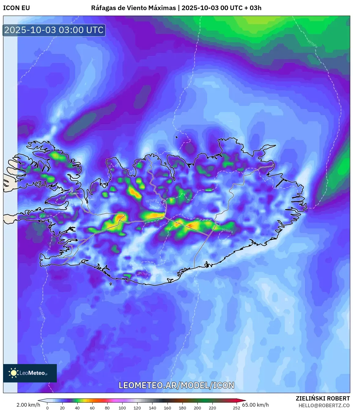 ICON model - Islandia, Ráfagas de Viento Máximas